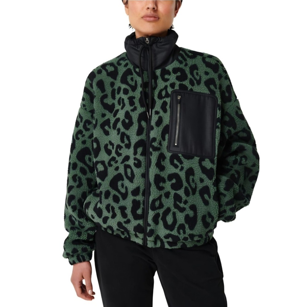 Sweaty Betty Out of the Woods Fleece Zip Jacket Green/Blk Leopard Sz 0 NEW! $188